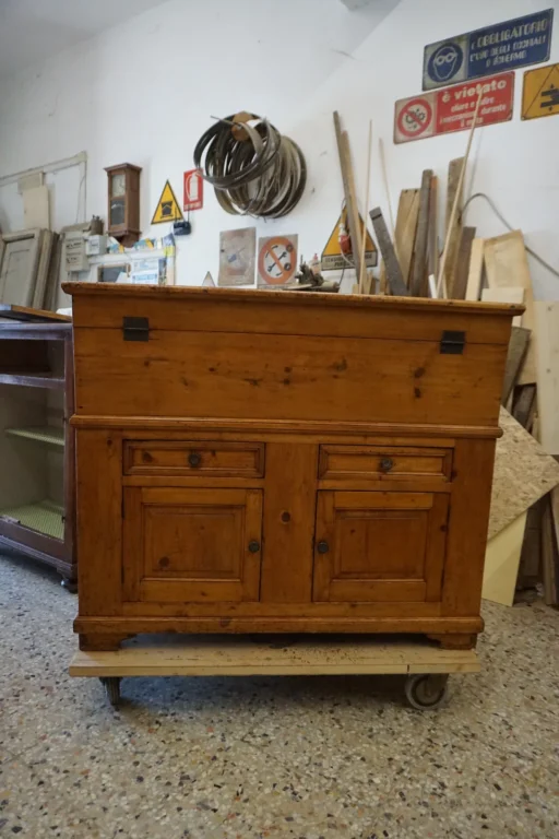 Antique sideboard restoration: before and after conservation treatment.